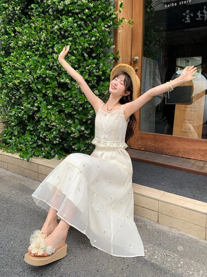 チュールスカート ケイ ベージュ ウエストゴム 花柄刺繍 森