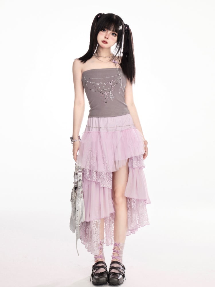 グレーのラインストーンディテールのビーズネックレス ストラップレストップ