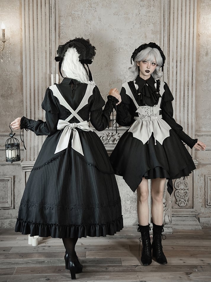 Version Jabot Juliette Tie Skirt Top - Black Full Short + Gothic Apron Set Lolita Sleeves Striped