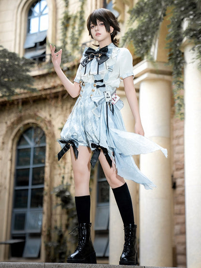 Schleife Alice Muster Wunderland Lolita in + Blau Weiß Outfit Overall - Shorts Vibes Ouji Diamond Shirt
