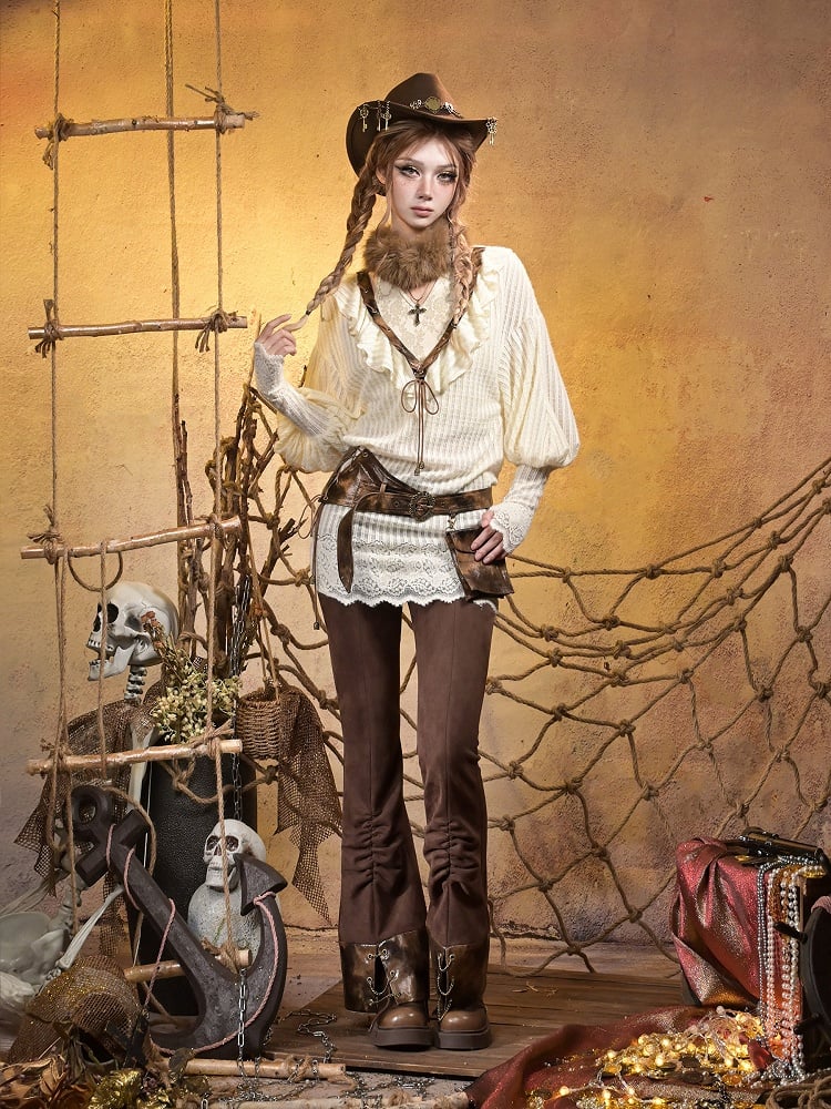 Beige Punk Retro Knit Dress with Bishop Sleeves - Virtual Orbit