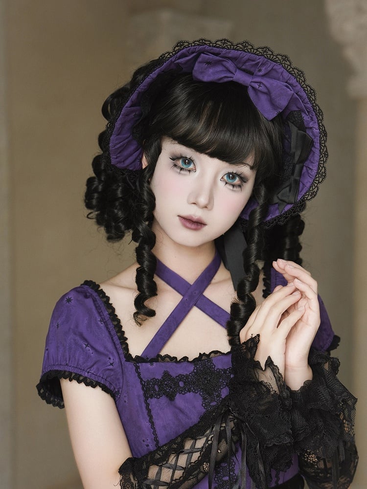 Lolita with Gothic Bows Bonnet Lace Blue/Purple/Green/Red and Trim