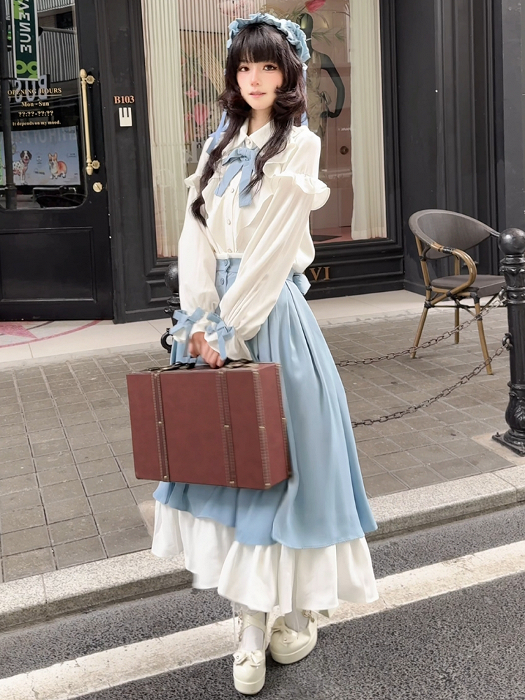 Bow Blue Tie Ruffled Detachable with Blouse Elegant White