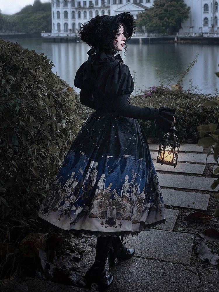 Blue Gothic Lolita and Under with Cross Bust Dress Black Lace Print Trim Skeleton