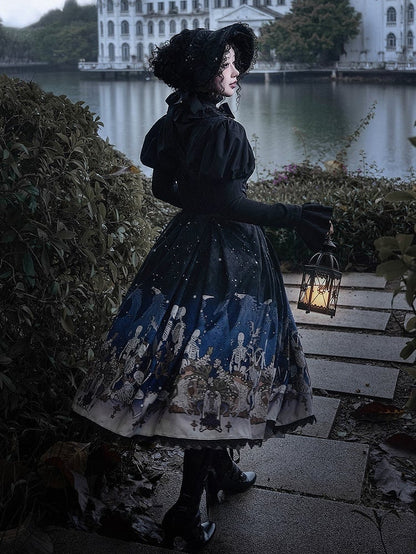 Blue Gothic Lolita and Under with Cross Bust Dress Black Lace Print Trim Skeleton