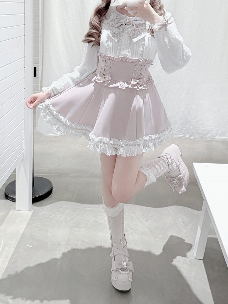 Pink and White Landmine Lace Peter Pan Collar Long Sleeve Blouse with Bow Tie - shirohato