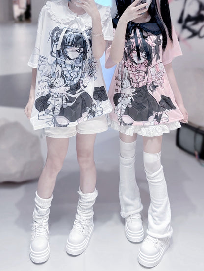 Dark with Cute Pan Anime Kawaii Detachable Yami Collar Print / Peter T-shirt: Cotton White Pink