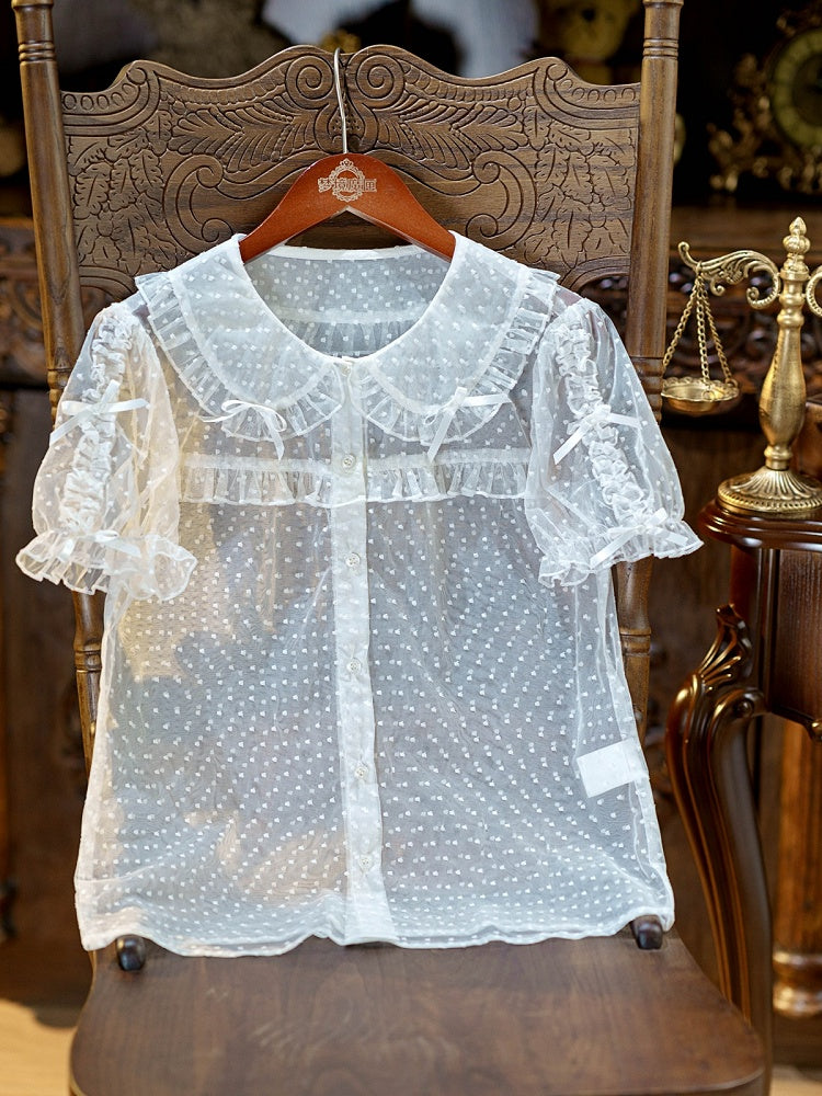White Peter Pan Collar Polka Dot Sheer Tulle Top - Dream Magic Box