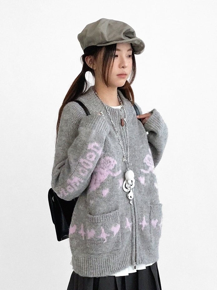 Two-way Pink Placket Zip Knit - Jacket Neck Round Grey