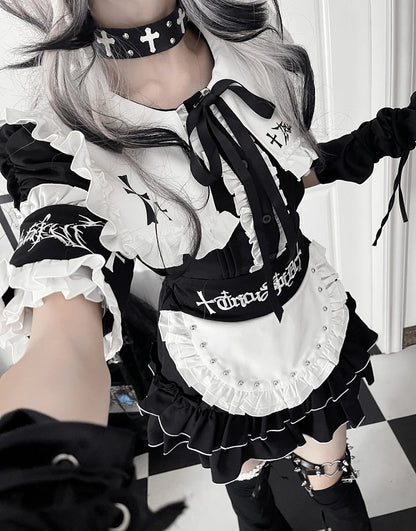 Embroidery Gothic Ruffle Apron with Tiered White Waist Studded Black Letter Skirt