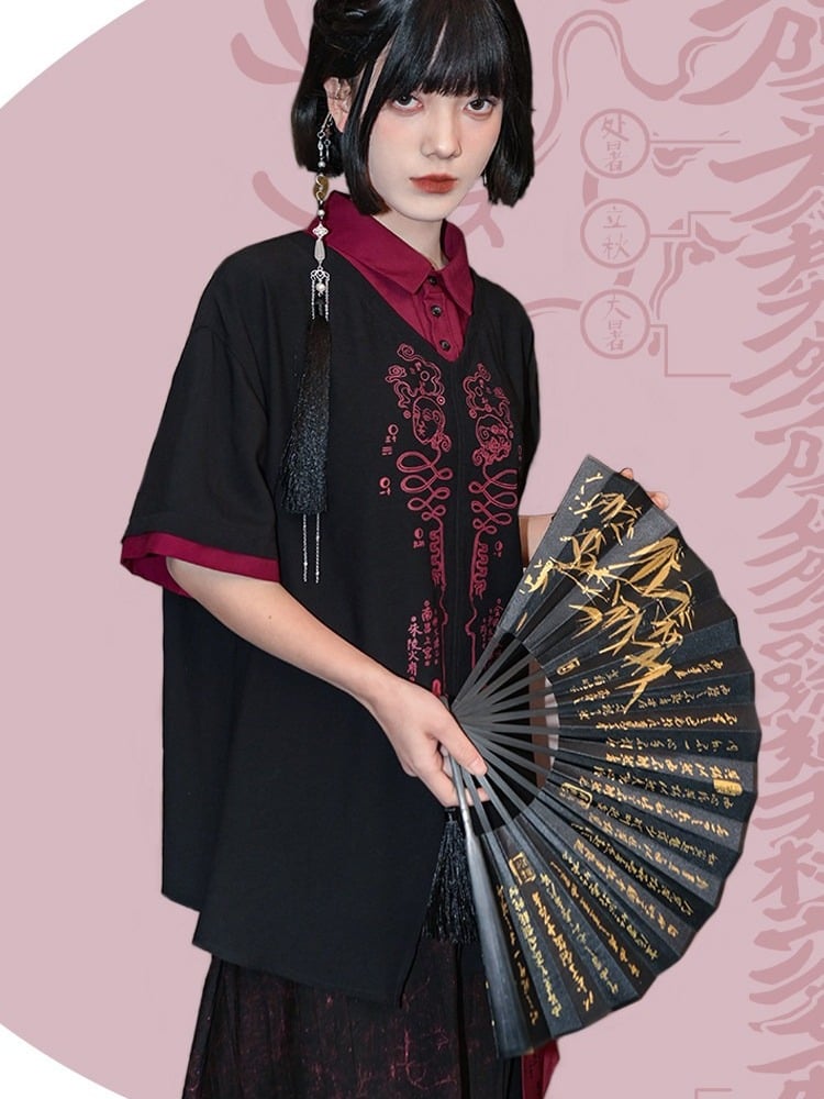 With Talisman Short-sleeve Gothic Fake Blouse Black Two-piece Chinese Print Red
