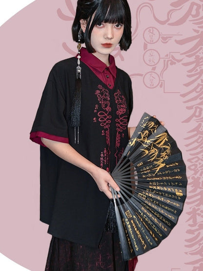 With Talisman Short-sleeve Gothic Fake Blouse Black Two-piece Chinese Print Red