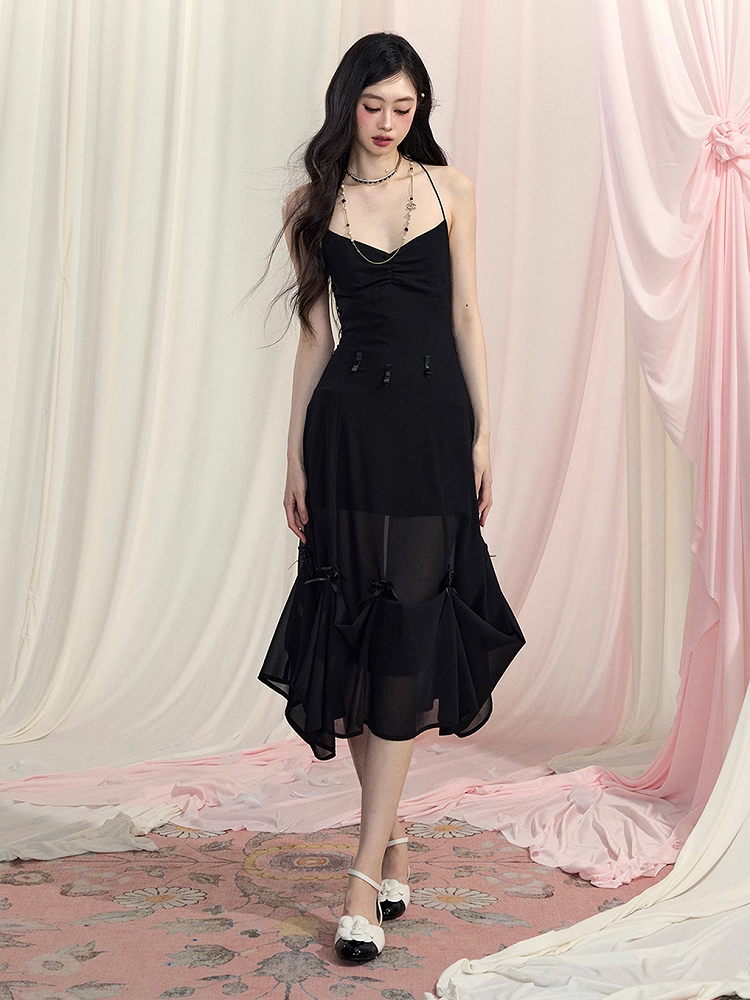 Black Halter Neck Dress Slip Ways Accents Two V-Neck Bowknot Chiffon Wear Backless