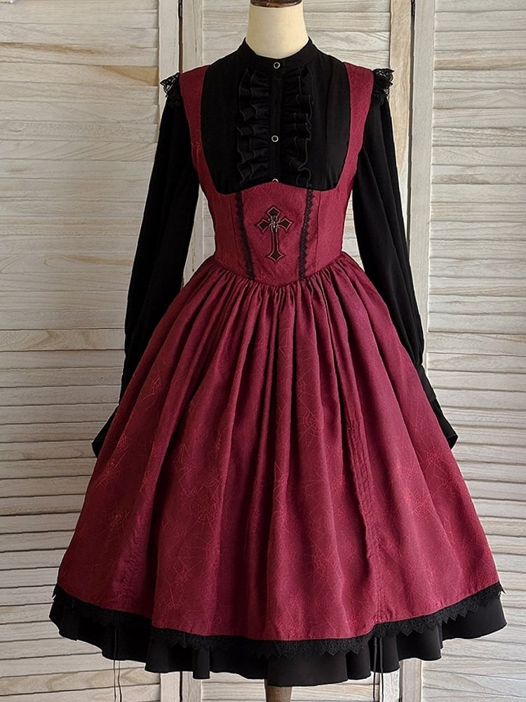 Waist Lolita Gothic Straps Drawstring Cross JSK Basque Dress and Red Shoulder Embroidery with Lace-Trimmed