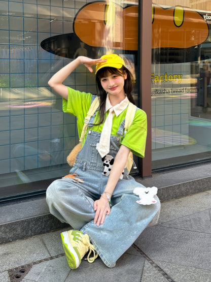 ライトブルーのハイウエストの愛らしい動物のアップリケデニムオーバーオール