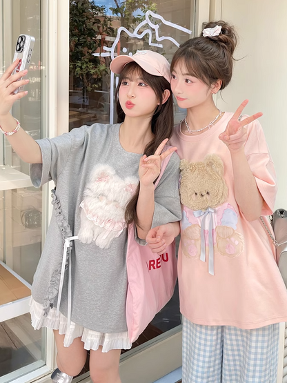 ピンク/グレー ラウンドネック ぬいぐるみ キティ/ベア Tシャツ