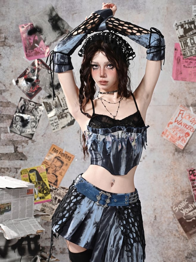 Grunge Punk Rock Fee Blau Spitze Wasserfallausschnitt Korsett mit Knochen Tie Dye Cami Top