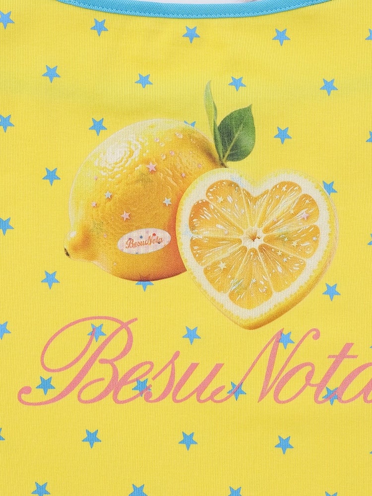 Sweet Cool Kawaii Yellow Fake Two-Piece Halter Camisole Top with Star and Lemon Prints - Languid Park