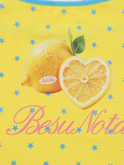 Sweet Cool Kawaii Yellow Fake Two-Piece Halter Camisole Top with Star and Lemon Prints - Languid Park