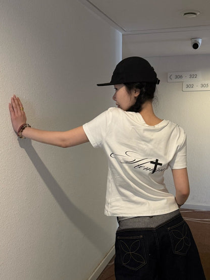 White V-Neck Short Sleeve Tee with Music Note Print - DETW OnLine