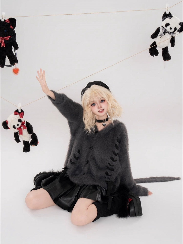 Dunkelgraue, flauschige Strickjacke mit Kapuze und Hasenohren