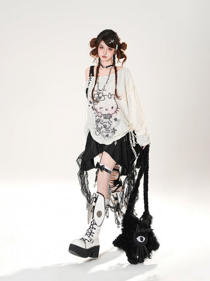 ディテールカスケーディングレースフリルスカートブラックレースアップ