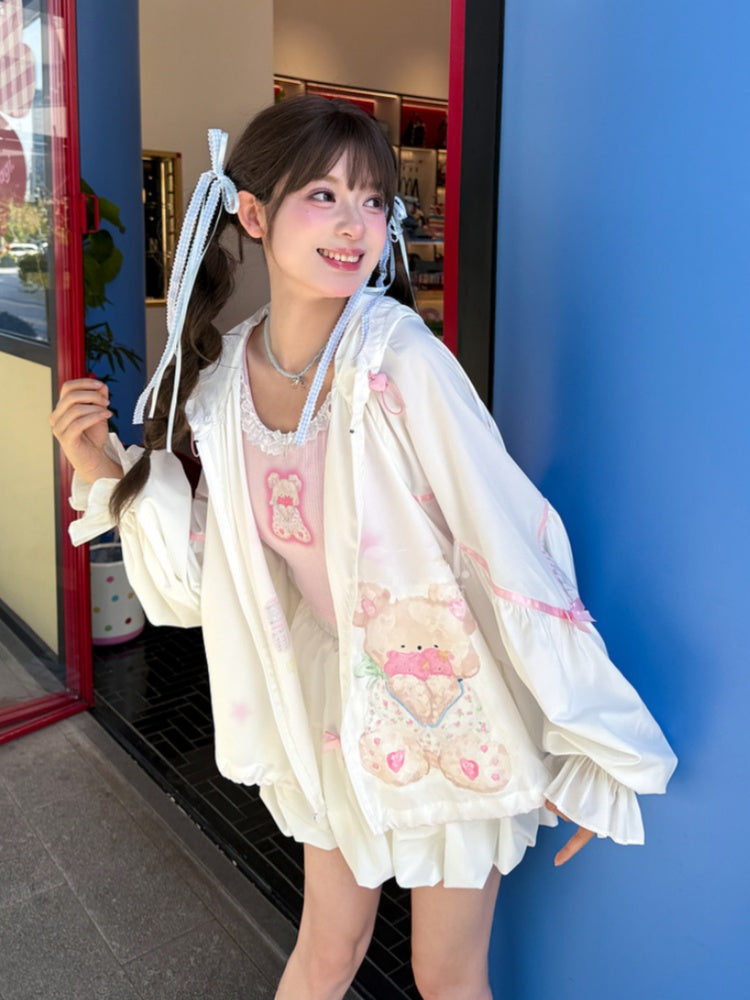 Sun Protection Hooded Adorable Bear Print Drawstring Hem White Jacket