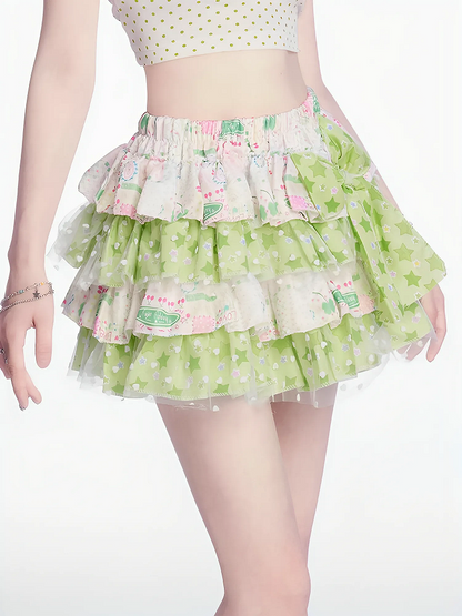 Y2K Grüner Stufenrock mit großer Schleife und elastischer Taille