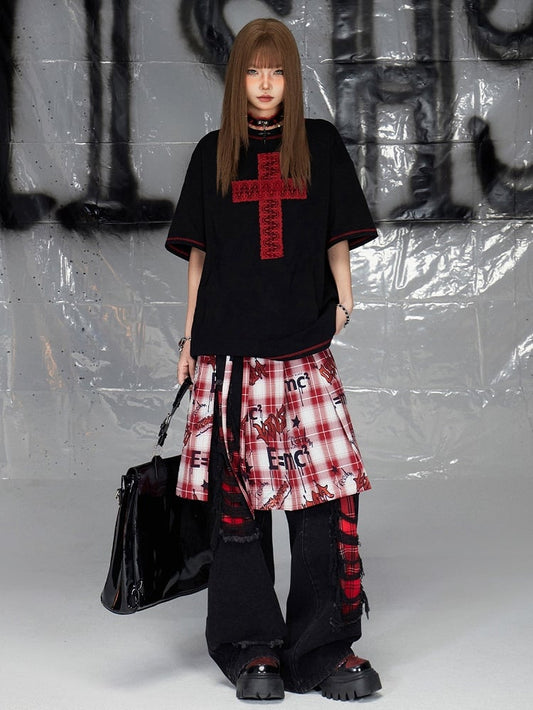 Black Cross Pattern Round Neck T-shirt
