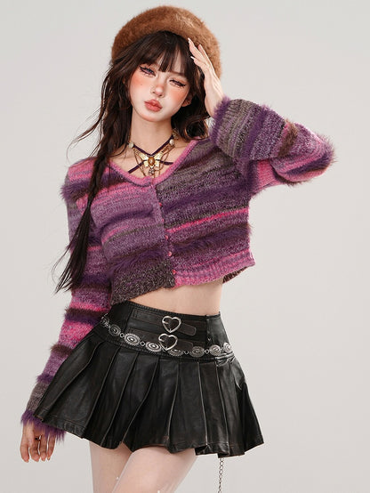 Purple Tie Dye Striped Cropped Halter Neck Cardigan