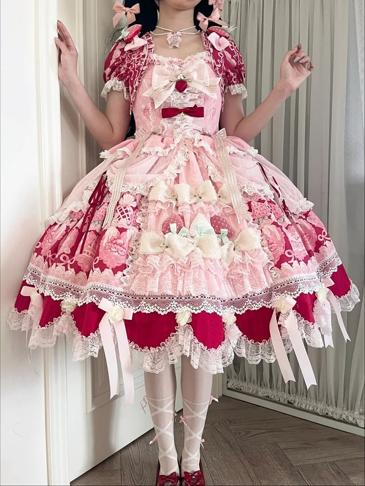 Red & Pink Strawberry Cake Print Bell Sleeve Lolita Dress - Ball Lolita
