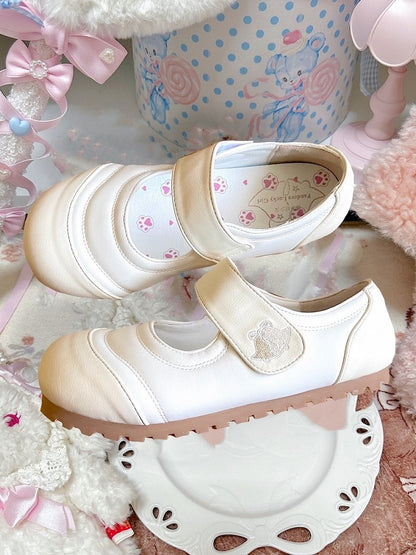 Off-White Sweet Lolita Flats - PU Leather & Bell Pattern Velcro Strap
