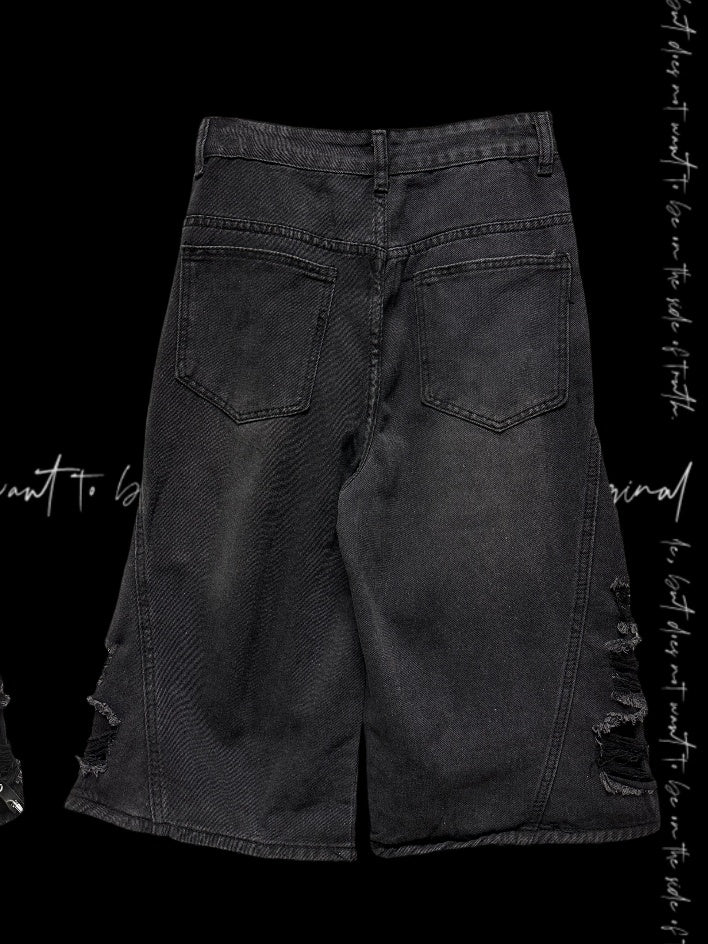 Y2K Cut Jeans Wide-leg Rock Punk Dark Gray Cross Applique Distressed Holes