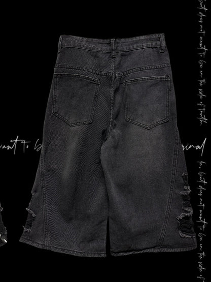 Y2K Cut Jeans Wide-leg Rock Punk Dark Gray Cross Applique Distressed Holes