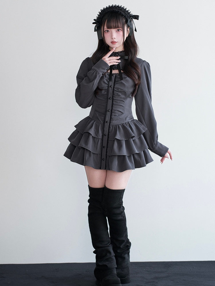 Jirai Gray Cut-Out Multi-Layer Dress Ruffled Cross Kei Set + Shorts Bow Matching Decor
