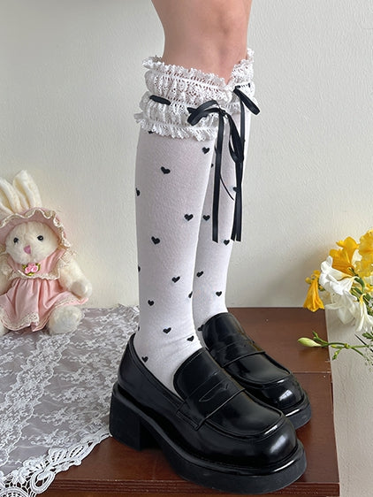 Black Trim Under-Knee Stockings Heart White Lace Pattern Lolita