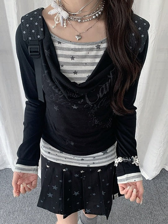 Black/White Cowl Neck Fake Two-Piece Long Sleeve Top with Stripes and Stars - Solkatt