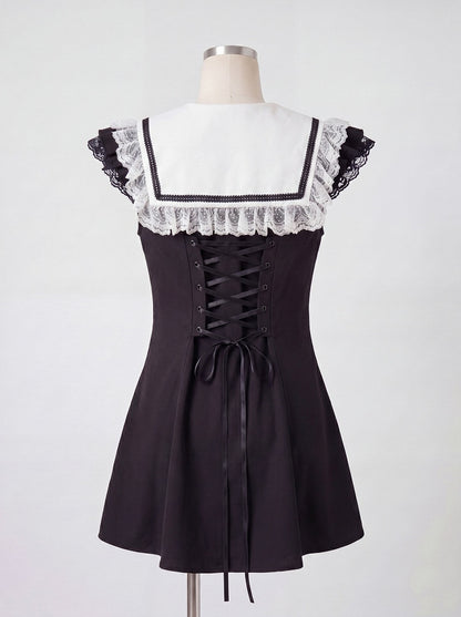 Black Jirai Kei Summer Two-Piece Set with Detachable White Cross Sailor Collar - DevilInspired Exclusive Collection