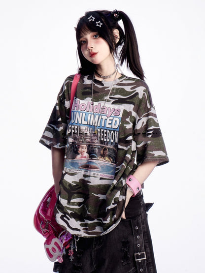 迷彩柄ラウンドネックレタープリントヴィンテージルーズTシャツ