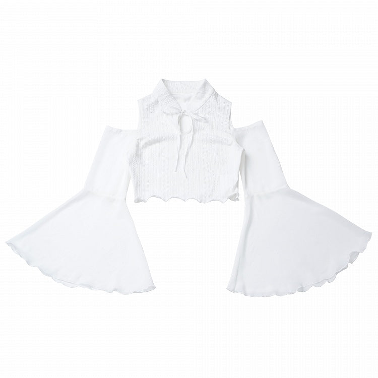 Sleeves Cropped Top White Cheongsam Collar Cutout Shoulder Bell