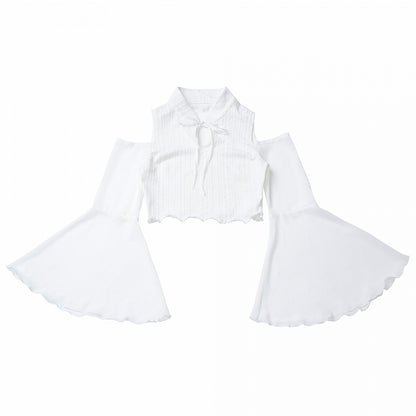 Sleeves Cropped Top White Cheongsam Collar Cutout Shoulder Bell