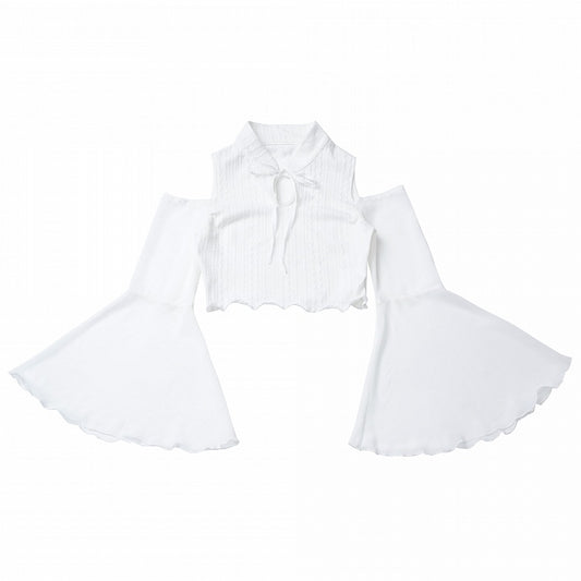 Sleeves Cropped Top White Cheongsam Collar Cutout Shoulder Bell