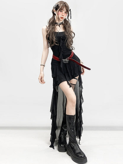 High-low Edge Glamorous Black Design Bittersweet Double Cami Ruffle Dress Detail