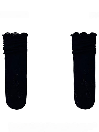 Off-White/Black Floral Pattern Cut-out Design Calf Socks