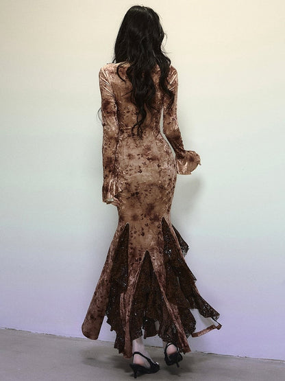 Kaffee Pailletten V-Ausschnitt Hohe Taille Spitze Patchwork Volant Meerjungfrau Rock Samtkleid Abendkleid