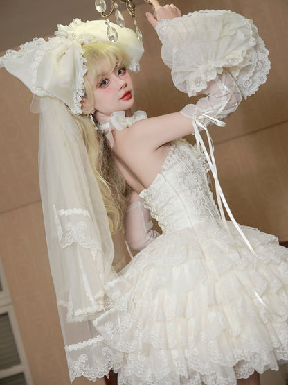 Cremiges Lolita-Kleid mit Jakobsmuschel-Rockbesatz, bestickt, Prinzessinnenkleid, gestuft