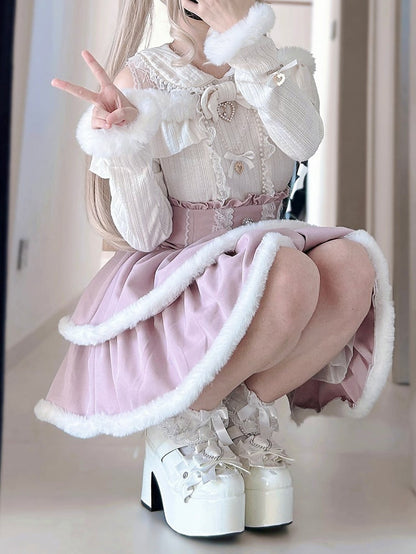 High Waist Tiered Skirt Double-Layered Plush Trim  Plaid Jirai Kei Pink/Black