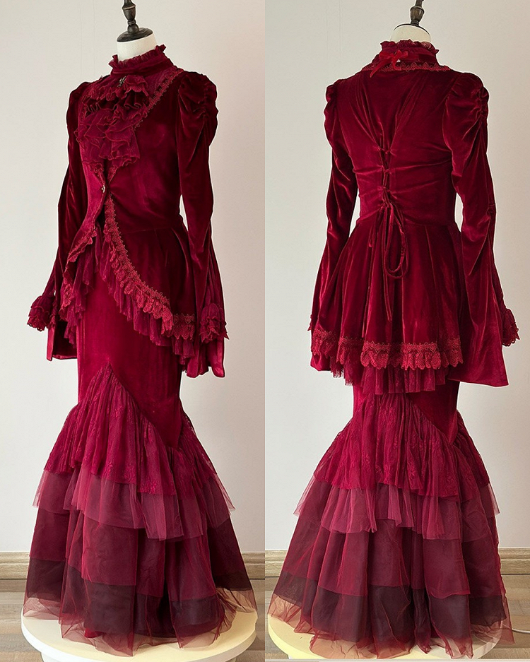 Embroidered Lace Blouse with Velvet V-Neck Coat and Layered Mermaid Skirt - DevilInspired Exclusive Collection