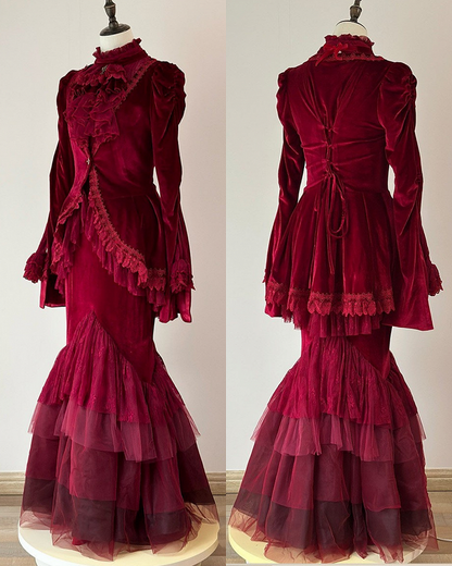 Embroidered Lace Blouse with Velvet V-Neck Coat and Layered Mermaid Skirt - DevilInspired Exclusive Collection