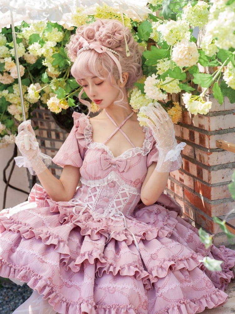 Princess Lolita Corset-Waist Dress with Ruffled Skirt in Pink